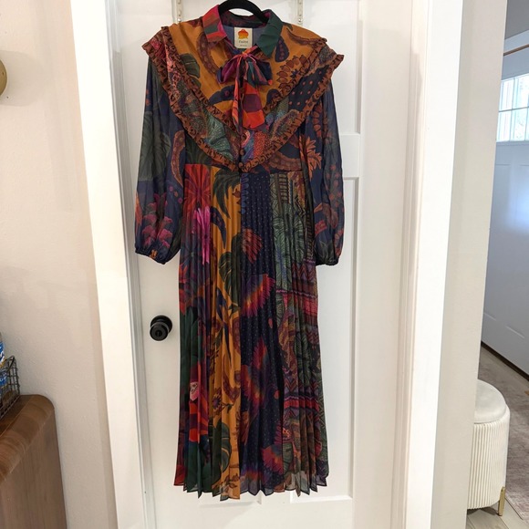 FARM Rio Dresses & Skirts - Farm Rio Mixed Print Pleated Maxi Dress Boho Colorful Maximalist Modest Vacay XS